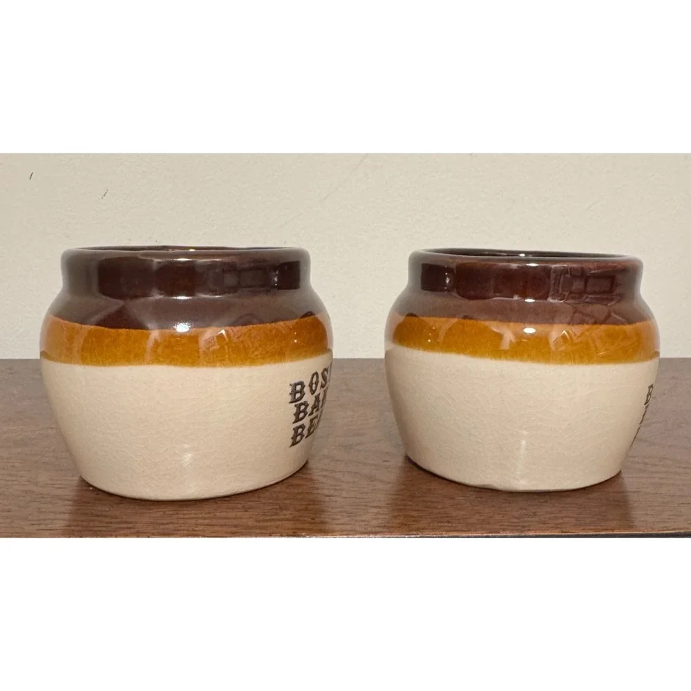 Vintage Stoneware Small Pot Crock Boston Baked Beans USA Farmhouse Kitchen 3.5